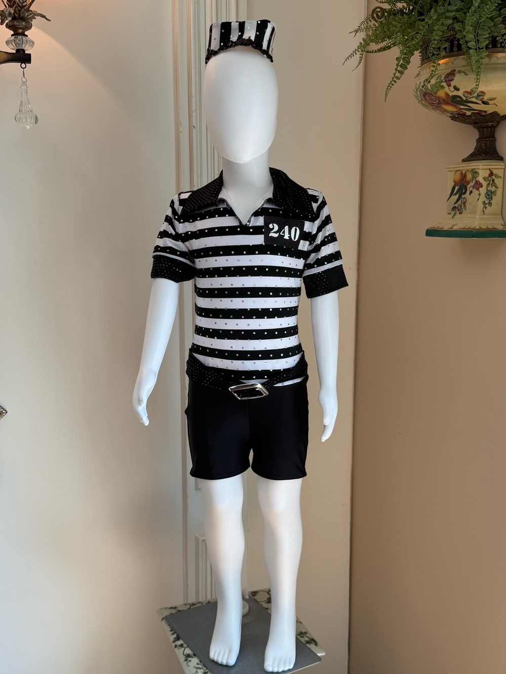 Kids Jailhouse Rock Prisoner Dance Costume MC Sequin Stripes Hat
